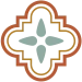 A decorative four-lolike cross pattern with a central teal motif, outlined in black and orange, resembling a stylized quilted cross.