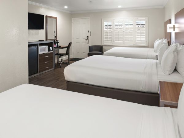 A bright hotel room with two white beds, a desk with TV and microwave, a chair, and a large shuttered window, all neatly arranged.