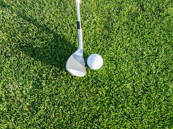 Two golf clubs (a driver/iron) and a golf ball lying on a lush green fairway, viewed from above.