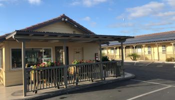 A small, single-story building with a covered porch and railing, circular flower pots, and a sunny parking lot with a blue sky.